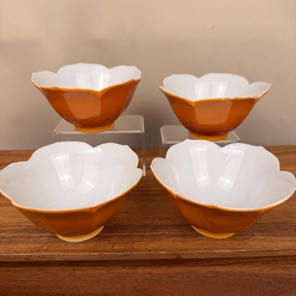 Mid-Century Orange White Lotus Ceramic Rice Bowl Set of 2 Vintage Japan (Chips)